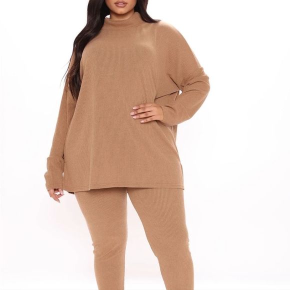 2/$30 Fashion Nova Curve Ribbed Mocha Long Sleeve Loungewear 2 Pc Set Plus Sz 2X - Picture 4 of 8